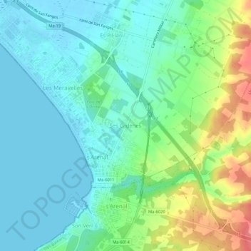 Mappa topografica Ses Cadenes, altitudine, rilievo