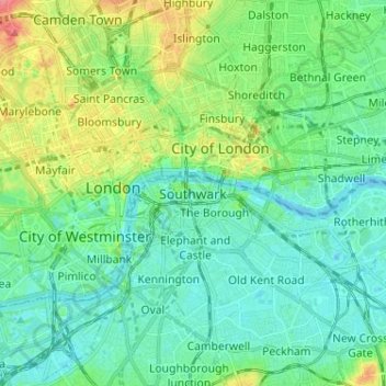 Mappa topografica Southwark, altitudine, rilievo