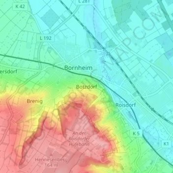 Mappa topografica Botzdorf, altitudine, rilievo