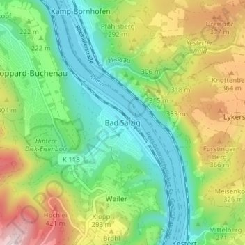 Mappa topografica Bad Salzig, altitudine, rilievo