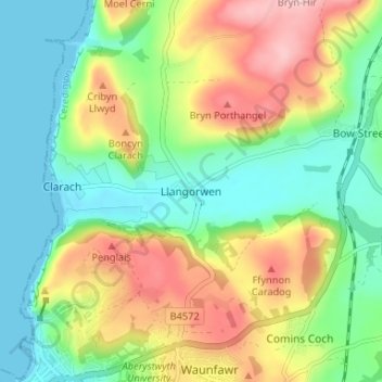 Mappa topografica Llangorwen, altitudine, rilievo