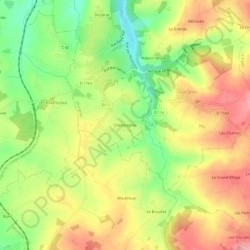 Mappa topografica Champagnac, altitudine, rilievo