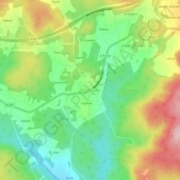Mappa topografica O Pedrouzo, altitudine, rilievo