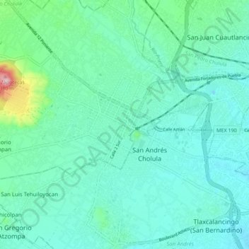 Mappa topografica Cholula de Rivadavia, altitudine, rilievo