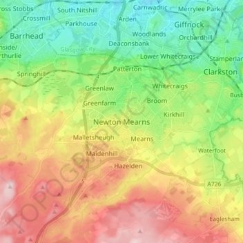 Mappa topografica Newton Mearns, altitudine, rilievo