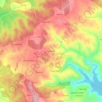 Mappa topografica Amêndoa, altitudine, rilievo