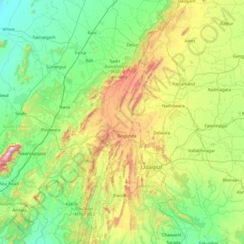 Mappa topografica Udaipur, altitudine, rilievo