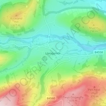 Mappa topografica Llangynidr, altitudine, rilievo