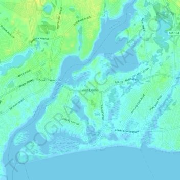 Mappa topografica West Dennis, altitudine, rilievo