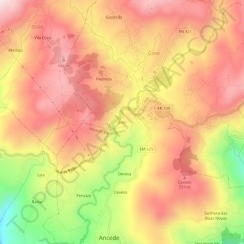 Mappa topografica Eiriz, altitudine, rilievo