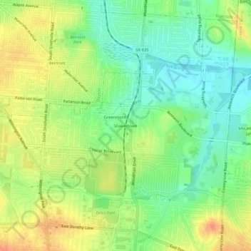 Mappa topografica Shakertown, altitudine, rilievo