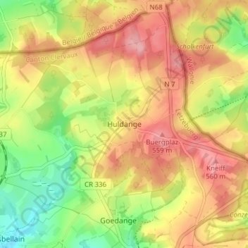Mappa topografica Huldange, altitudine, rilievo
