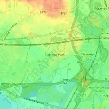 Mappa topografica Richings Park, altitudine, rilievo