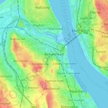 Mappa topografica Birkenhead, altitudine, rilievo