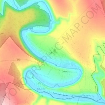 Mappa topografica Trebujeni, altitudine, rilievo