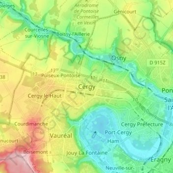 Mappa topografica Cergy, altitudine, rilievo