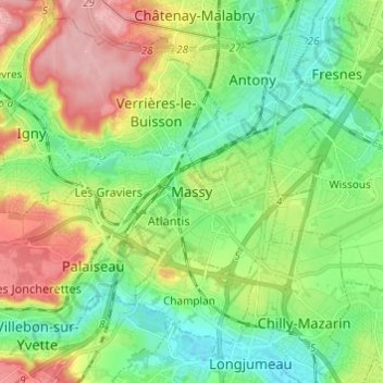 Mappa topografica Massy, altitudine, rilievo