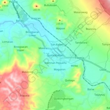 Mappa topografica Guinobatan, altitudine, rilievo