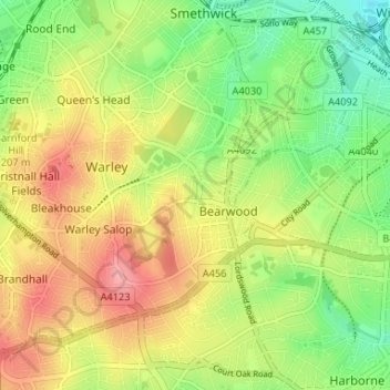 Mappa topografica Warley Wigorn, altitudine, rilievo