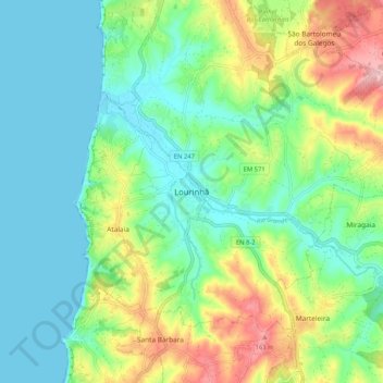 Mappa topografica Lourinhã, altitudine, rilievo