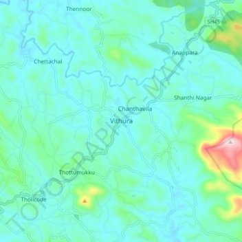 Mappa topografica Vithura, altitudine, rilievo