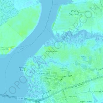 Mappa topografica Hobcaw Point, altitudine, rilievo