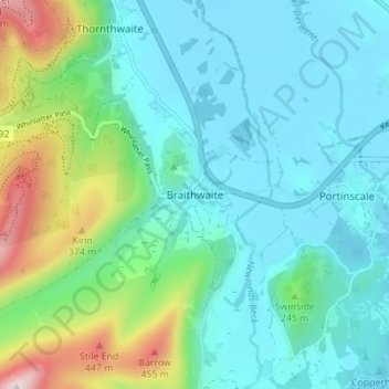 Mappa topografica Braithwaite, altitudine, rilievo