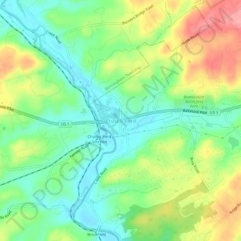 Mappa topografica Chadds Ford, altitudine, rilievo