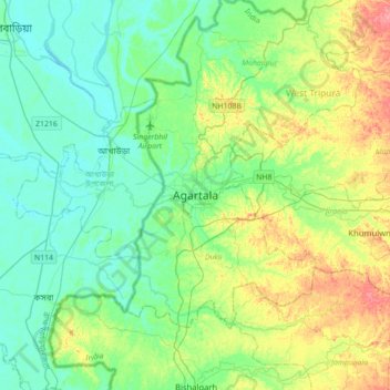 Mappa topografica Agartala, altitudine, rilievo