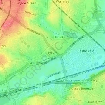 Mappa topografica Tyburn, altitudine, rilievo