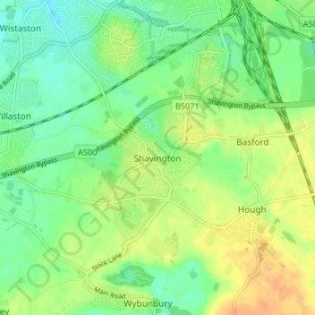 Mappa topografica Shavington, altitudine, rilievo
