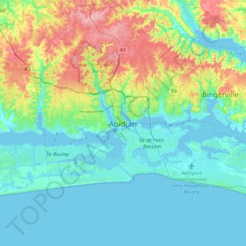 Mappa topografica Abidjan, altitudine, rilievo