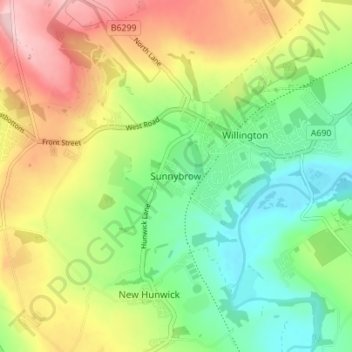 Mappa topografica Sunnybrow, altitudine, rilievo