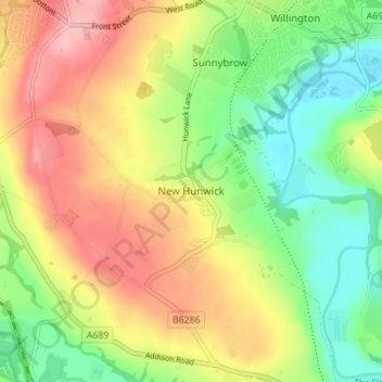 Mappa topografica New Hunwick, altitudine, rilievo