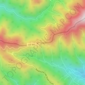Mappa topografica Newfound Gap Overlook, altitudine, rilievo