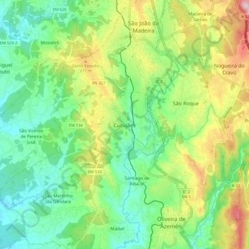 Mappa topografica Cucujães, altitudine, rilievo