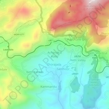 Mappa topografica Achanakal hatty, altitudine, rilievo