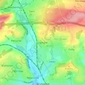 Mappa topografica Litchard, altitudine, rilievo