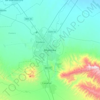Mappa topografica Monclova, altitudine, rilievo