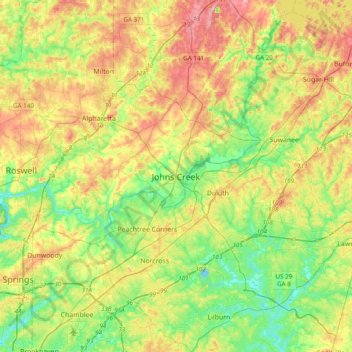 Mappa topografica Johns Creek, altitudine, rilievo