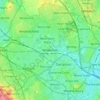 Mappa topografica Willenhall, altitudine, rilievo