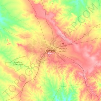 Mappa topografica Gweru, altitudine, rilievo