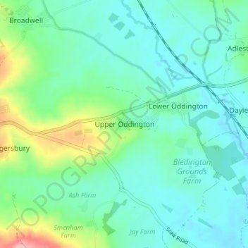 Mappa topografica Upper Oddington, altitudine, rilievo
