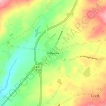 Mappa topografica Ballynure, altitudine, rilievo
