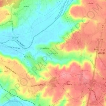 Mappa topografica Segadães, altitudine, rilievo