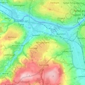 Mappa topografica Whickham, altitudine, rilievo