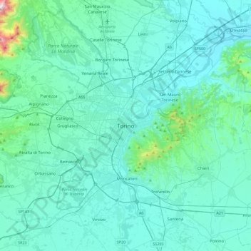 Mappa topografica Torino, altitudine, rilievo