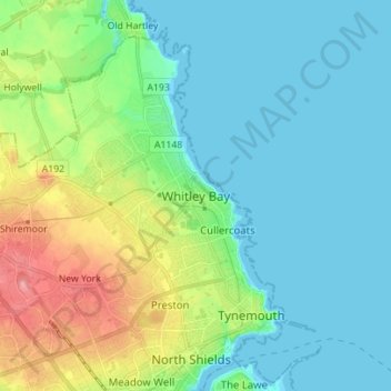 Mappa topografica Whitley Bay, altitudine, rilievo