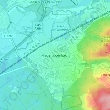 Mappa topografica Niederrodenbach, altitudine, rilievo