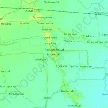 Mappa topografica Podakkudi, altitudine, rilievo